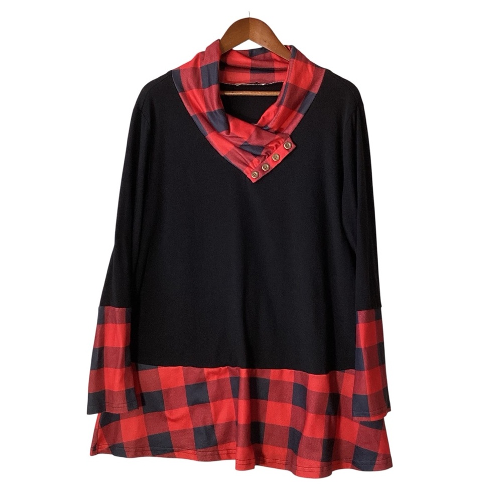 Black Pullover Top with Red Plaid Trim and Buttoned Cowl Neck
